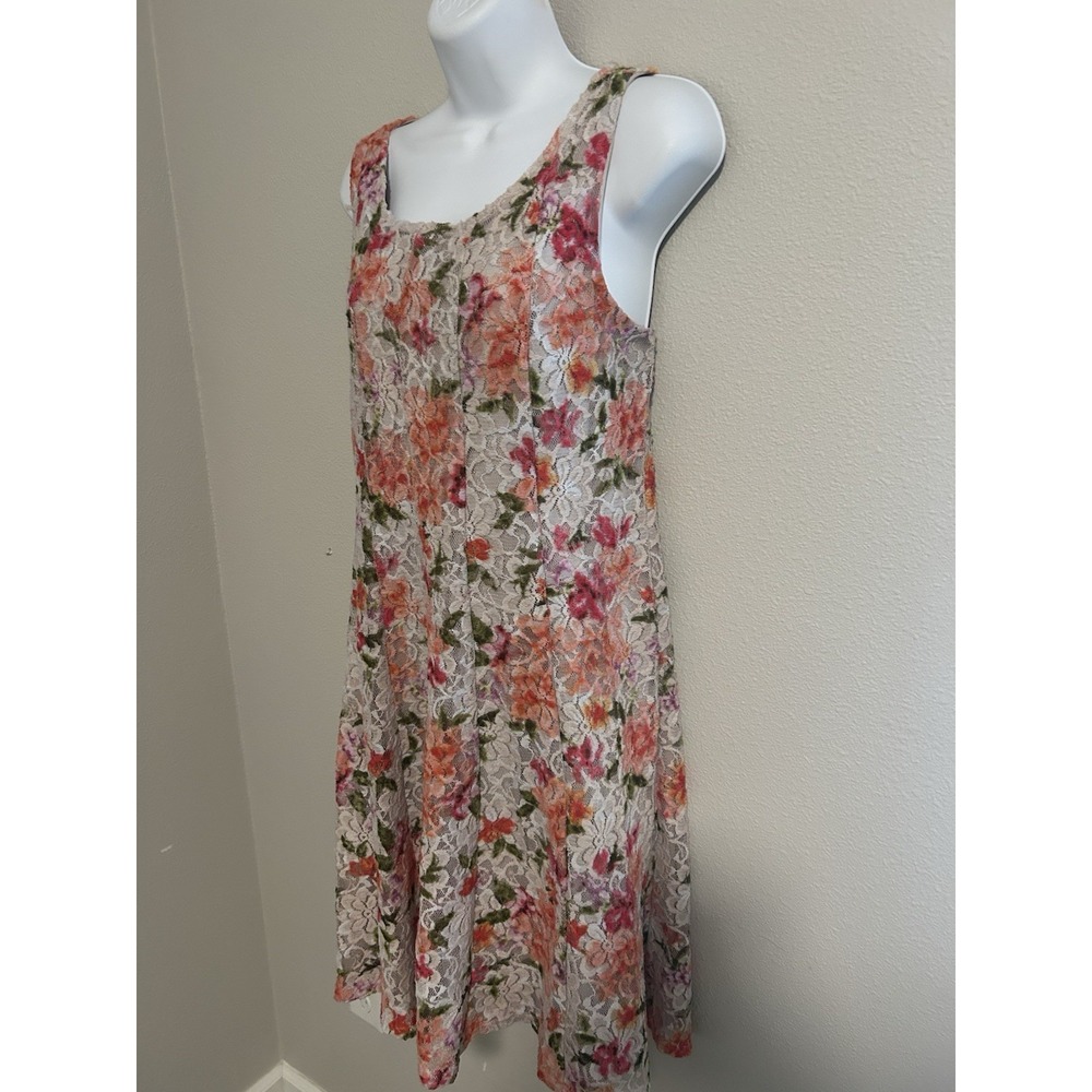 Floral Splash Lace Dress~ L~ Sleeveless Gored Fit & Flare Tea Party Fem Fairy - Picture 4 of 16